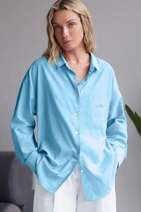 Блузка свободная с карманом из хлопка VILATTE, лазурно-голубой - фото 1