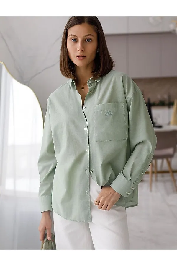 Блузка свободная с карманом из хлопка VILATTE, светло-оливковый - фото 1