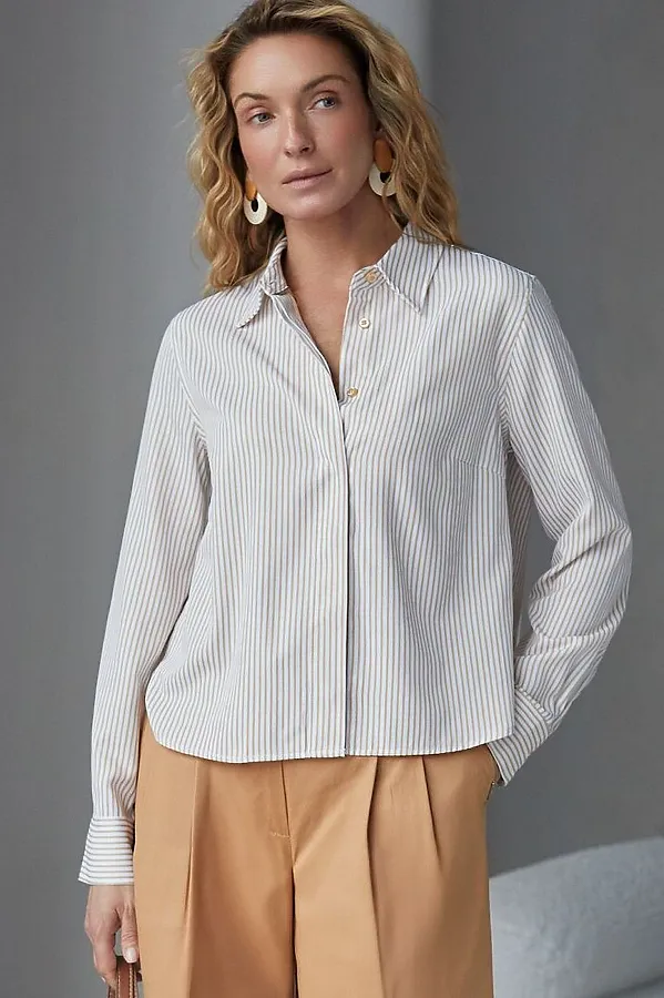 Укороченная блузка в полоску из эластичного хлопка VILATTE, белый-бежевый - фото 1