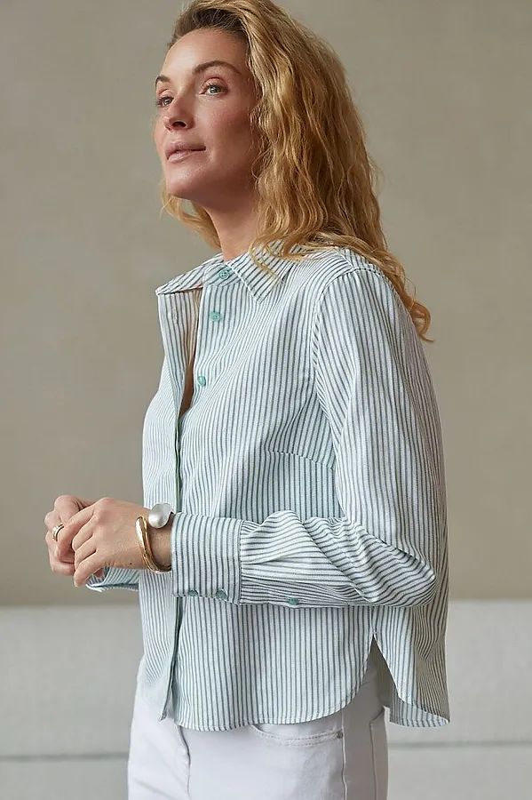 Укороченная блузка в полоску из эластичного хлопка VILATTE, белый-фисташковый - фото 1