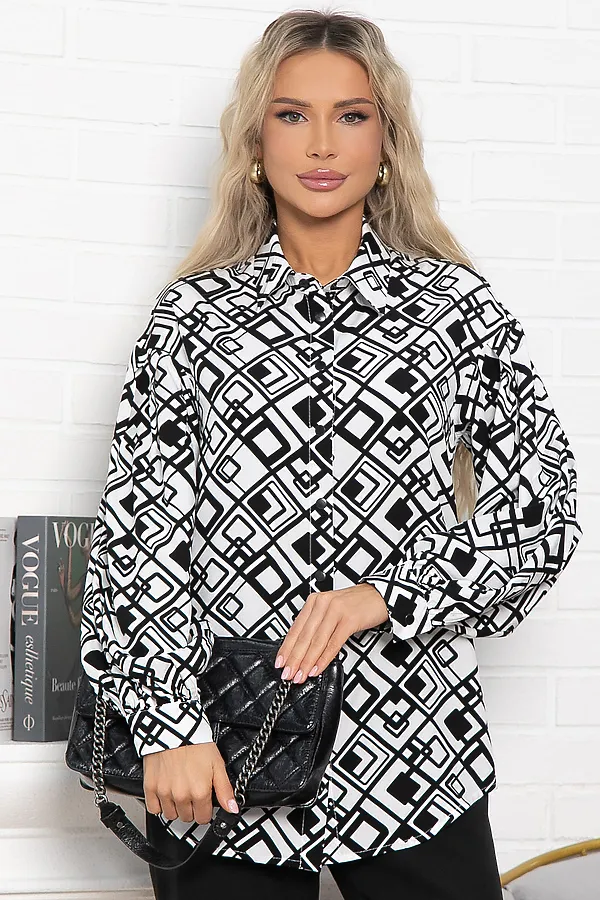Блуза хлопковая Танец линий LADY TAIGA, черно-белая - фото 1