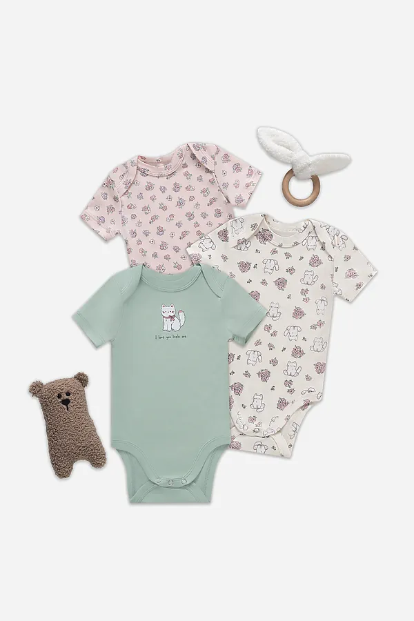 Боди детское (3шт.) MARK FORMELLE, котики с цветами на молочном +мята +цветочки на розовом - фото 1