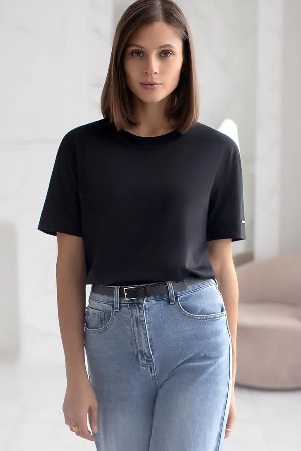 Свободная футболка из премиального хлопка с эластаном VILATTE, черный - фото 1