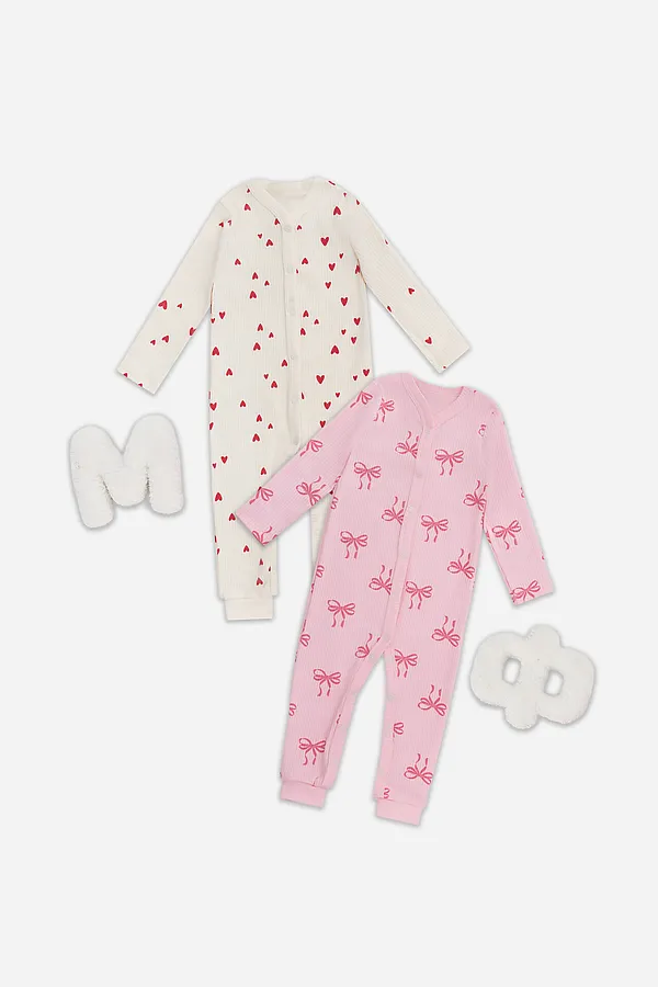 Комбинезон нательный детский (2шт.) MARK FORMELLE, сердечки на молочном +бантики на розовой сказке - фото 1