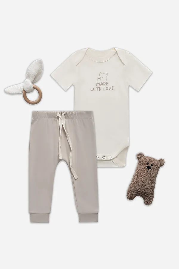 Комплект детский (боди, ползунки) MARK FORMELLE, молочный +серо -коричневый +печать - фото 1