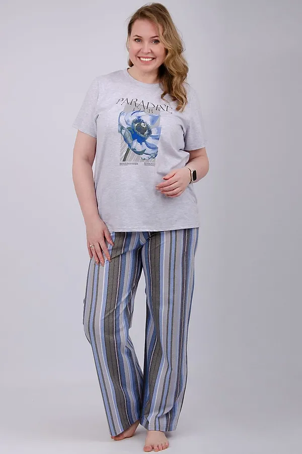 Пижама с брюками Флористика 2 НАТАЛИ, светло-серый - фото 1