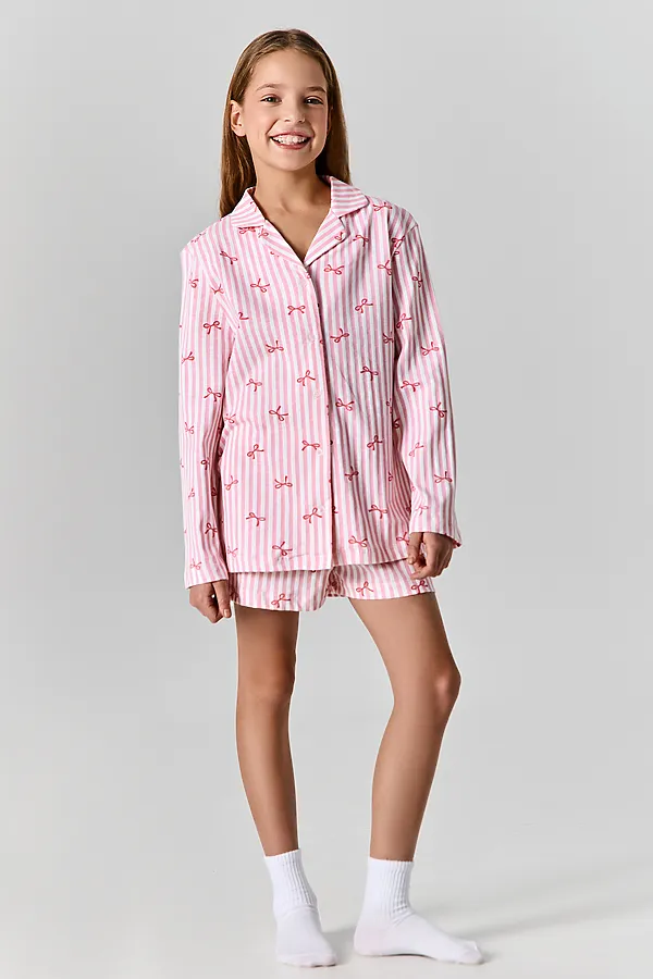 Комплект для девочек (рубашка, шорты) MARK FORMELLE, бантики на розовой полоске - фото 1