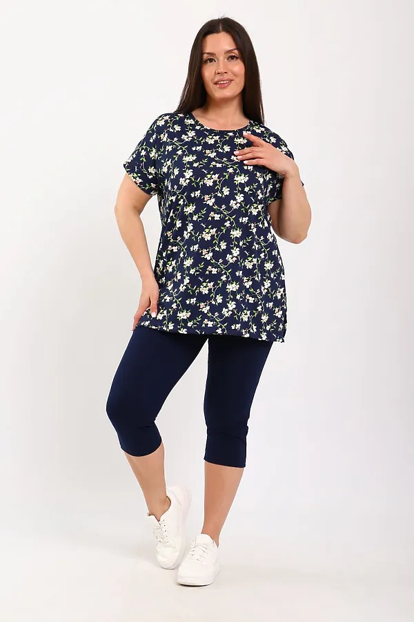 Костюм с бриджами КДЖ НАТАЛИ, синий, цветы - фото 1