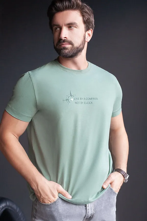 Футболка базовая полуприлегающая из премиального хлопка с принтом VILATTE, св.оливковый_компас - фото 1