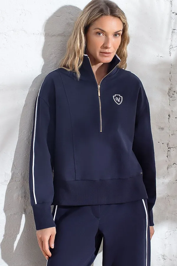 Джемпер с воротом на молнии и лампасами из футера двухнитки с эластаном VILATTE, т.синий_vilatte - фото 1