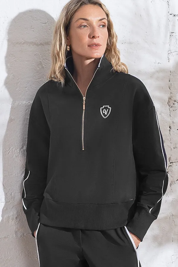 Джемпер с воротом на молнии и лампасами из футера двухнитки с эластаном VILATTE, черный_vilatte - фото 1