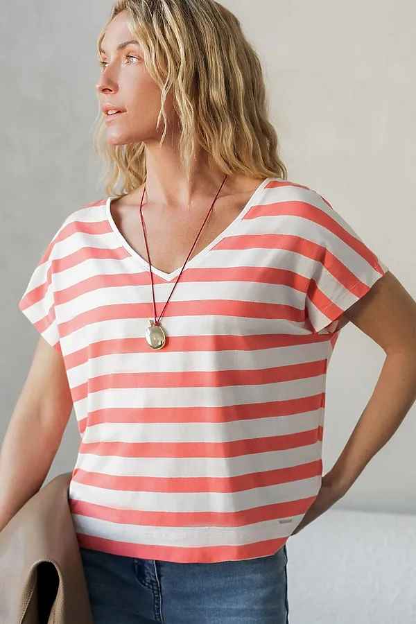 Футболка в полоску с V-вырезом и цельнокроеным рукавом из премиального хлопка VILATTE, белый-коралловый - фото 1