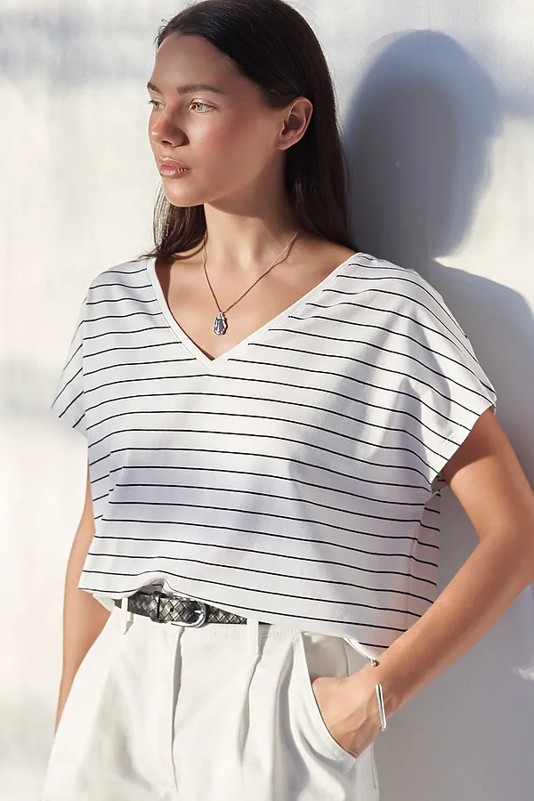 Футболка в полоску с V-вырезом и цельнокроеным рукавом из премиального хлопка VILATTE, белый-синий - фото 1