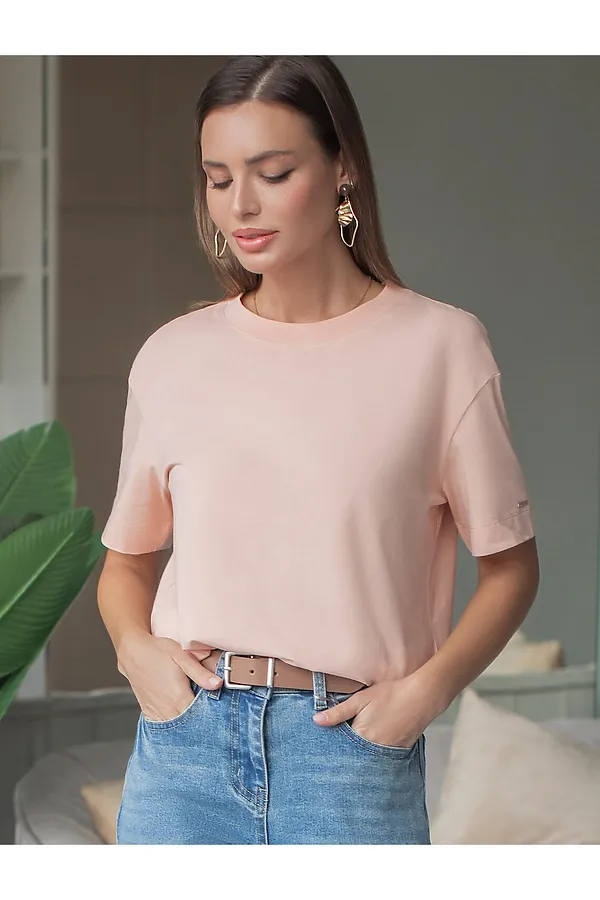 Свободная футболка из премиального хлопка с эластаном VILATTE, пудра - фото 1