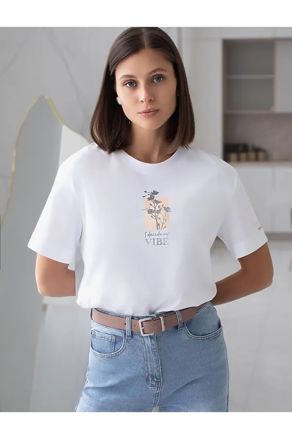 Свободная футболка с принтом из премиального хлопка с эластаном VILATTE, белый_vibe - фото 1