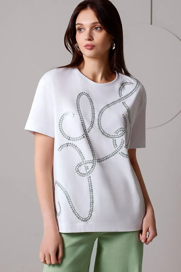 Свободная футболка с принтом из премиального хлопка с эластаном VILATTE, белый_vilatte - фото 1