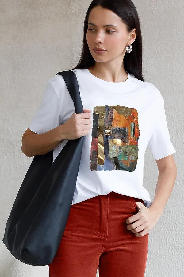 Свободная футболка с принтом из премиального хлопка с эластаном VILATTE, белый_абстракция - фото 1