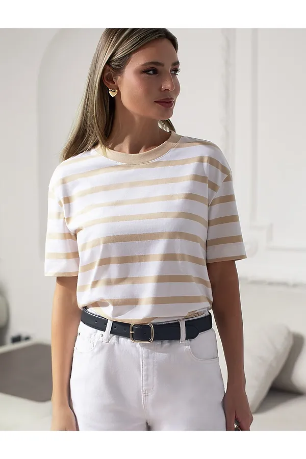 Свободная футболка в широкую полоску из премиального хлопка с эластаном VILATTE, белый-бежевый - фото 1