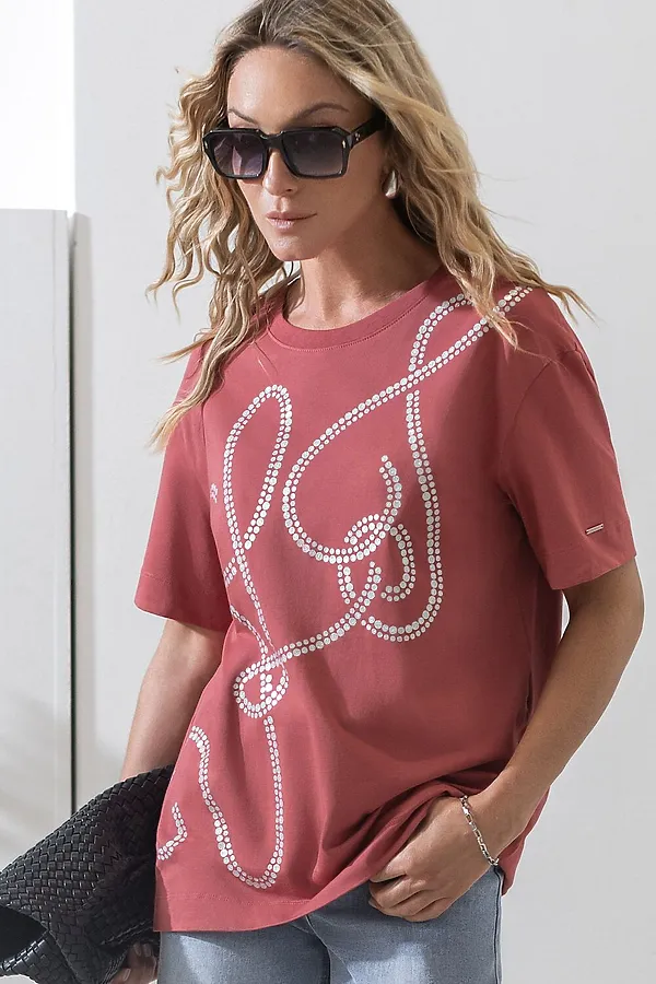 Свободная футболка с принтом из премиального хлопка с эластаном VILATTE, т.коралл_vilatte - фото 1