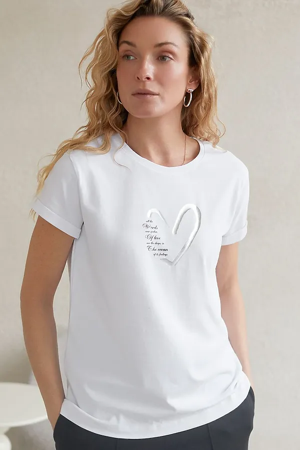 Свободная футболка с принтом из премиального хлопка с эластаном VILATTE, белый_сердце - фото 1