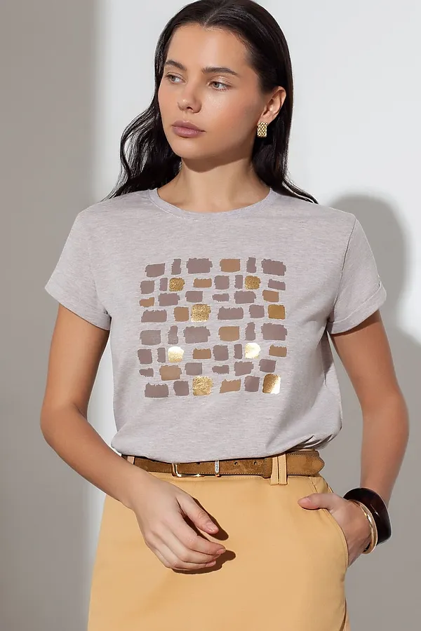 Свободная футболка с принтом из премиального хлопка с эластаном VILATTE, кофейный меланж_блики - фото 1