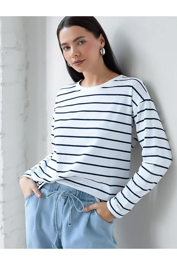 Лонгслив в полоску из премиального хлопка с эластаном VILATTE, белый-т.синий - фото 1