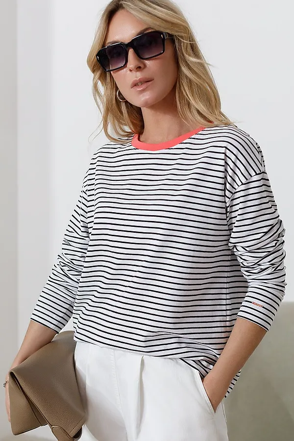 Лонгслив в полоску из премиального хлопка с эластаном VILATTE, белый-черный - фото 1