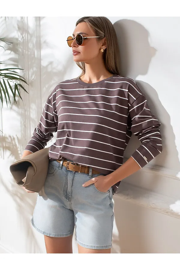 Лонгслив в полоску из премиального хлопка с эластаном VILATTE, кофе-белый - фото 1