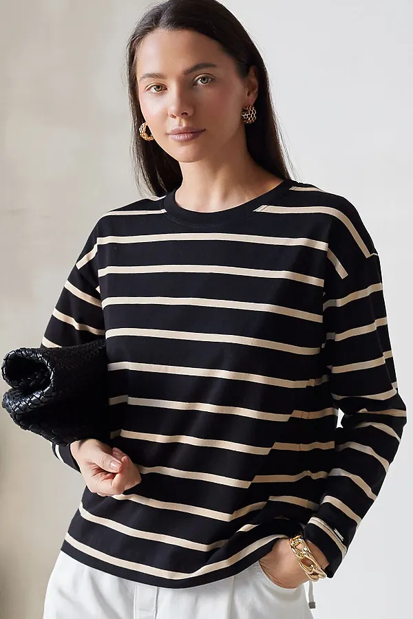 Лонгслив в полоску из премиального хлопка с эластаном VILATTE, черный-бежевый - фото 1