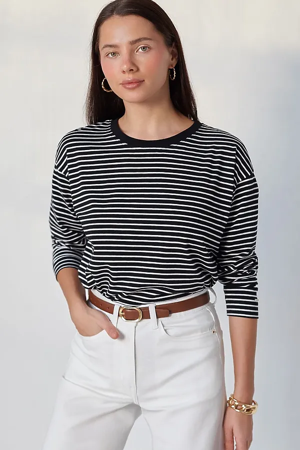 Лонгслив в полоску из премиального хлопка с эластаном VILATTE, черный-белый - фото 1