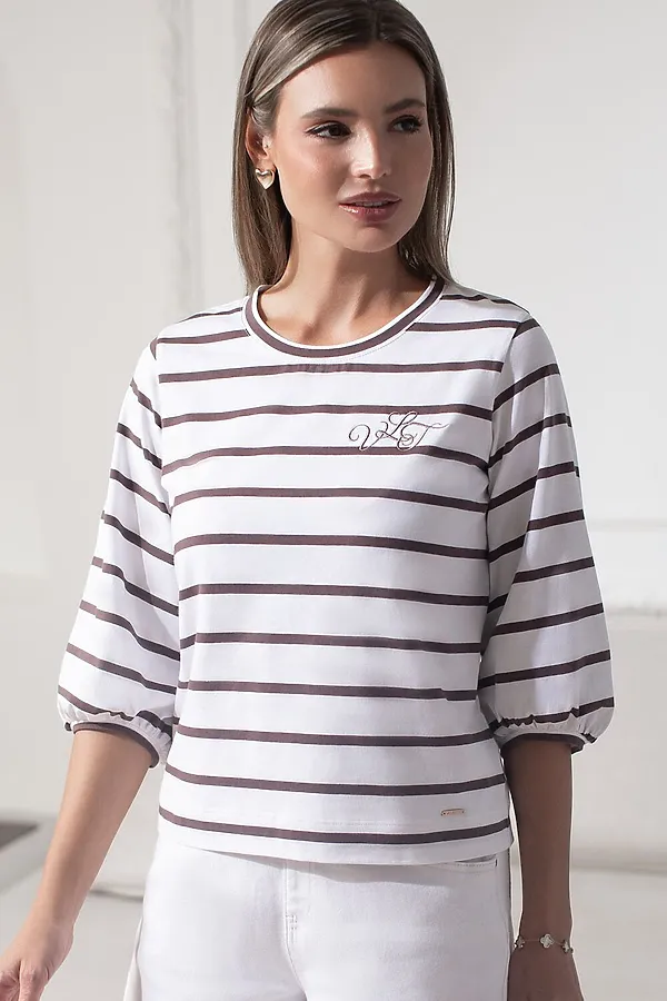 Лонгслив в полоску с рукавами-буфами из премиального хлопка с эластаном VILATTE, белый-кофе - фото 1