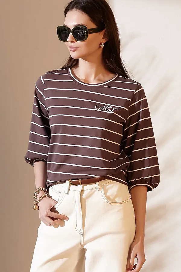 Лонгслив в полоску с рукавами-буфами из премиального хлопка с эластаном VILATTE, кофе-белый - фото 1