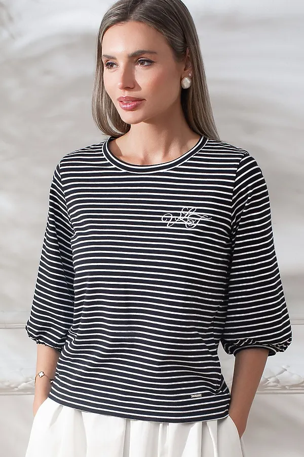 Лонгслив в полоску с рукавами-буфами из премиального хлопка с эластаном VILATTE, черный-белый - фото 1