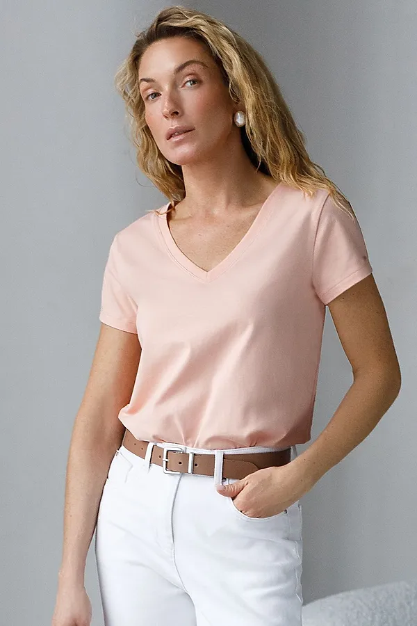 Базовая футболка из премиального хлопка с V образным вырезом VILATTE, пудра - фото 1