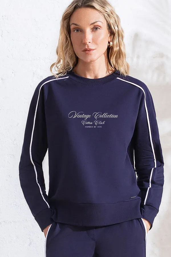 Свитшот с лампасами и разрезами из эластичного футера двухнитки без начеса VILATTE, т.синий_cotton club - фото 1
