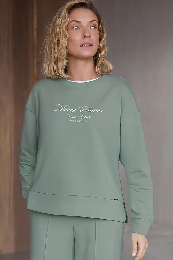 Свободный свитшот с принтом и разрезами из эластичного футера двухнитки без начеса VILATTE, св.оливковый_cotton club - фото 1