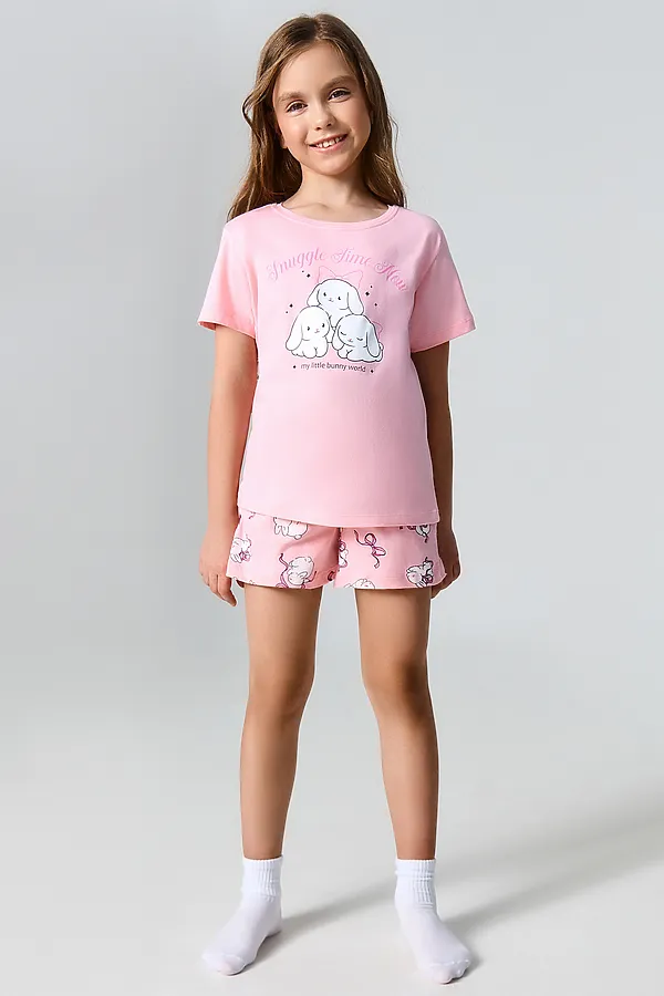 Комплект для девочек (футболка, шорты) MARK FORMELLE, розовый +зайчики на розовом - фото 1