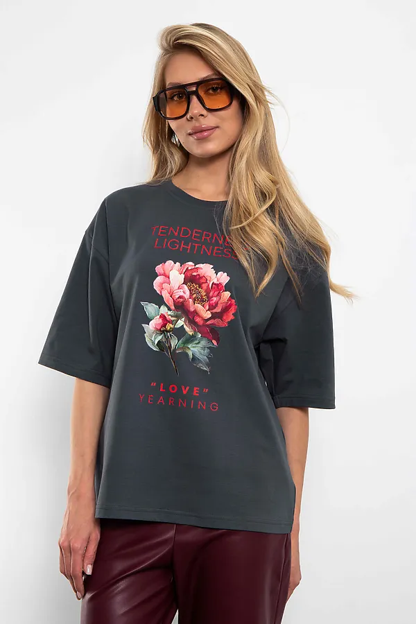 Футболка женская с оверсайз Пион KOSMOS, графит - фото 1