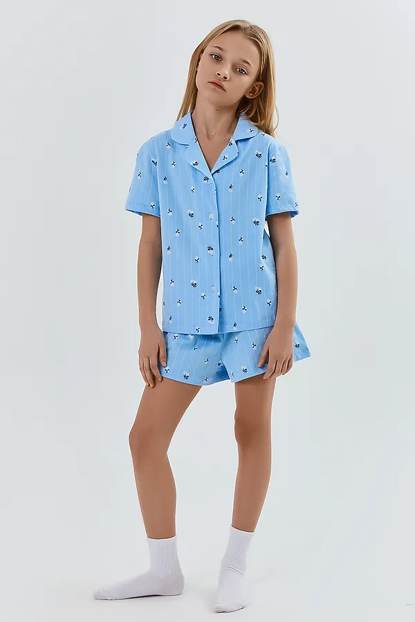 Комплект для девочек (рубашка, шорты) MARK FORMELLE, цветы на голубой полоске - фото 1