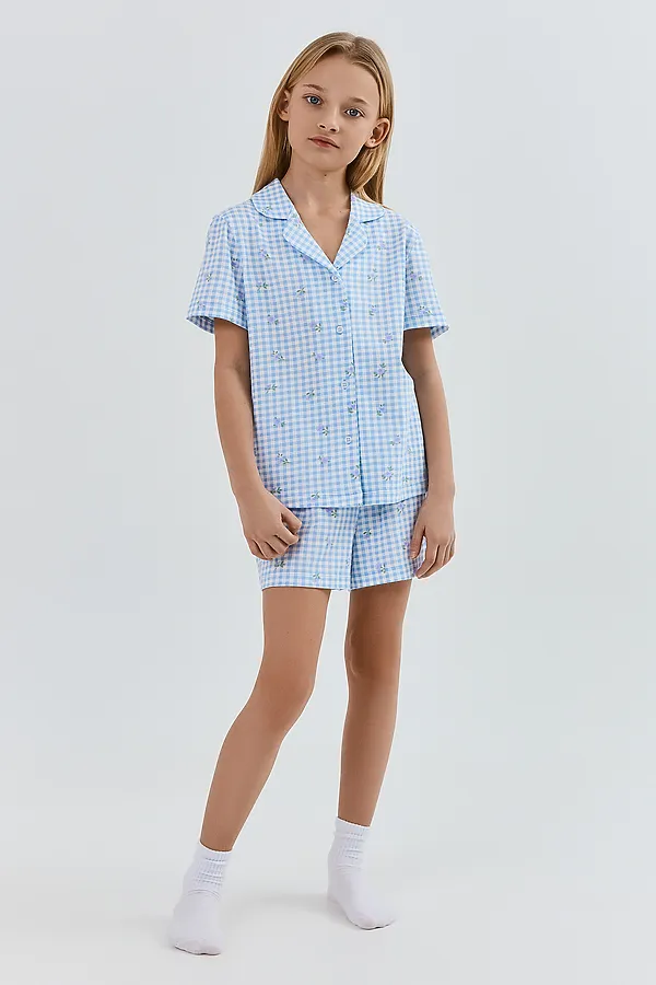 Комплект для девочек (рубашка, шорты) MARK FORMELLE, голубая клетка с цветами - фото 1