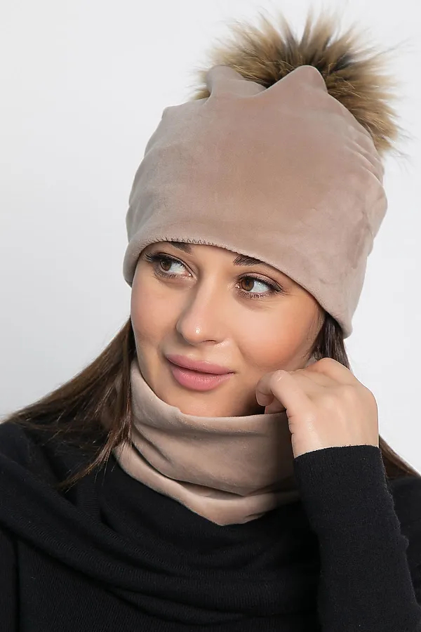 Комплект шапка с помпоном и снуд LADY TAIGA, бежевый - фото 1