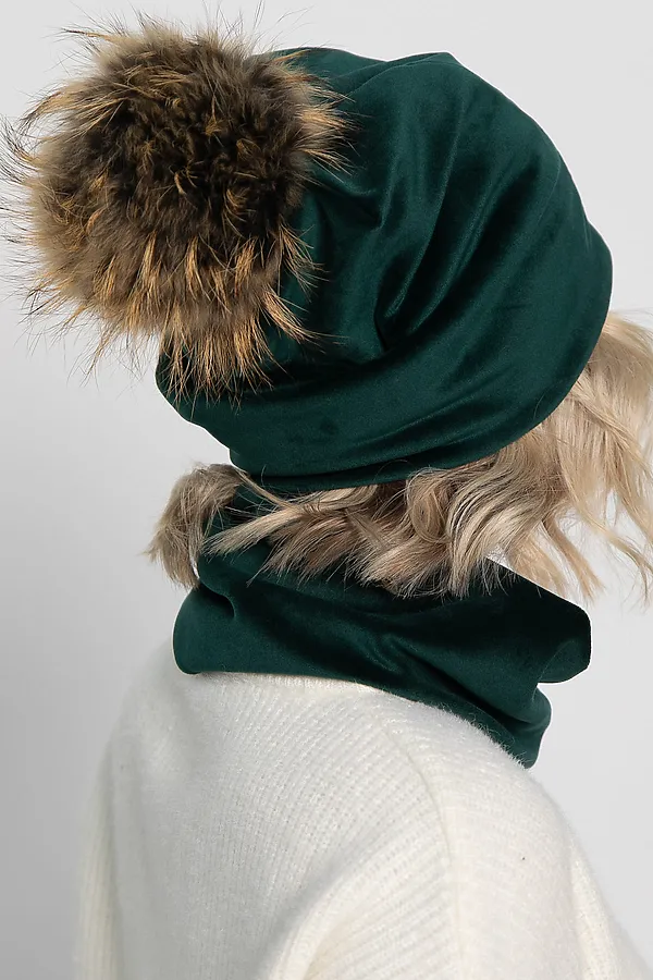 Комплект шапка с помпоном и снуд LADY TAIGA, зеленый - фото 1