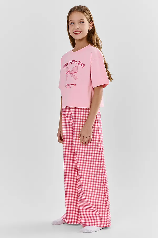 Комплект для девочек (футболка, брюки) MARK FORMELLE, розовый +розовая клетка - фото 1