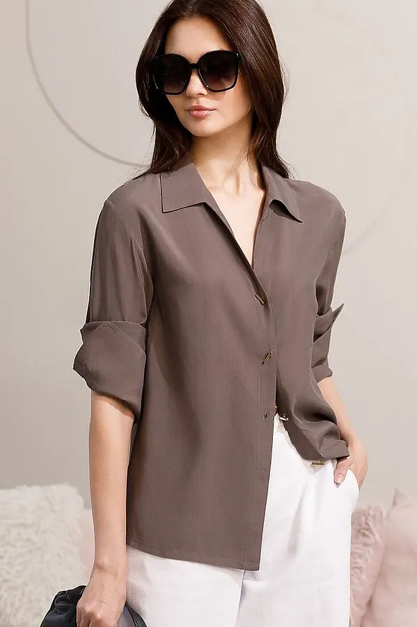 Блузка с широкими манжетами из вискозы с лиоцеллом VILATTE, кофейный - фото 1