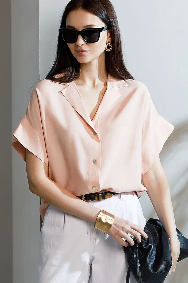 Блузка с коротким рукавом из вискозы с лиоцеллом VILATTE, пудровый - фото 1