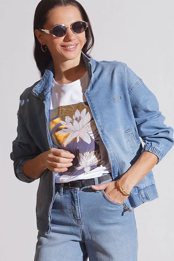 Джинсовый бомбер на молнии из облегченного денима VILATTE, голубой - фото 1