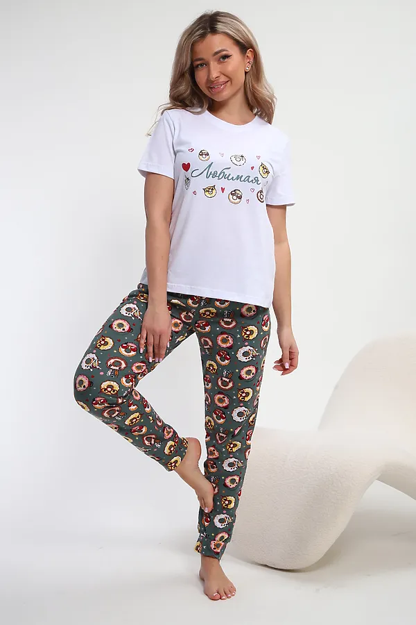 Пижама с брюками Любимая Пончики НАТАЛИ, белый/зеленый - фото 1