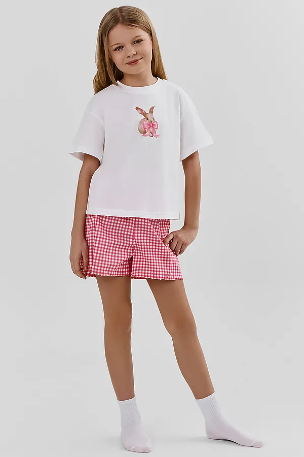 Комплект для девочек (футболка, шорты) MARK FORMELLE, белый +розовая клетка - фото 1