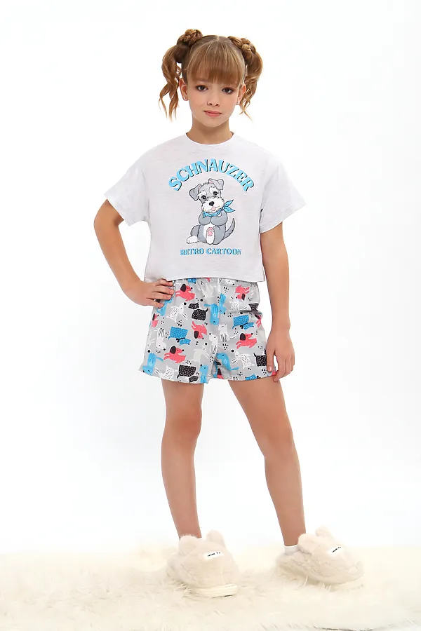Пижама с шортами арт. ПД-019-081 НАТАЛИ, белый меланж/собачки серые - фото 1