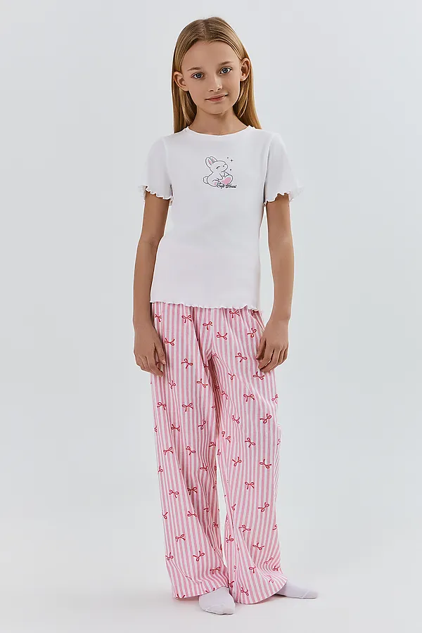 Комплект для девочек (джемпер, брюки) MARK FORMELLE, белый +бантики на розовой полоске - фото 1